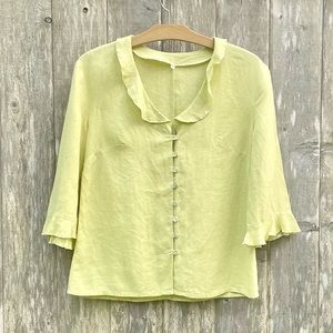 Linen Shirt. Three Quarter Sleeve, Pearl Buttons, Small Ruffled Edges.  XL